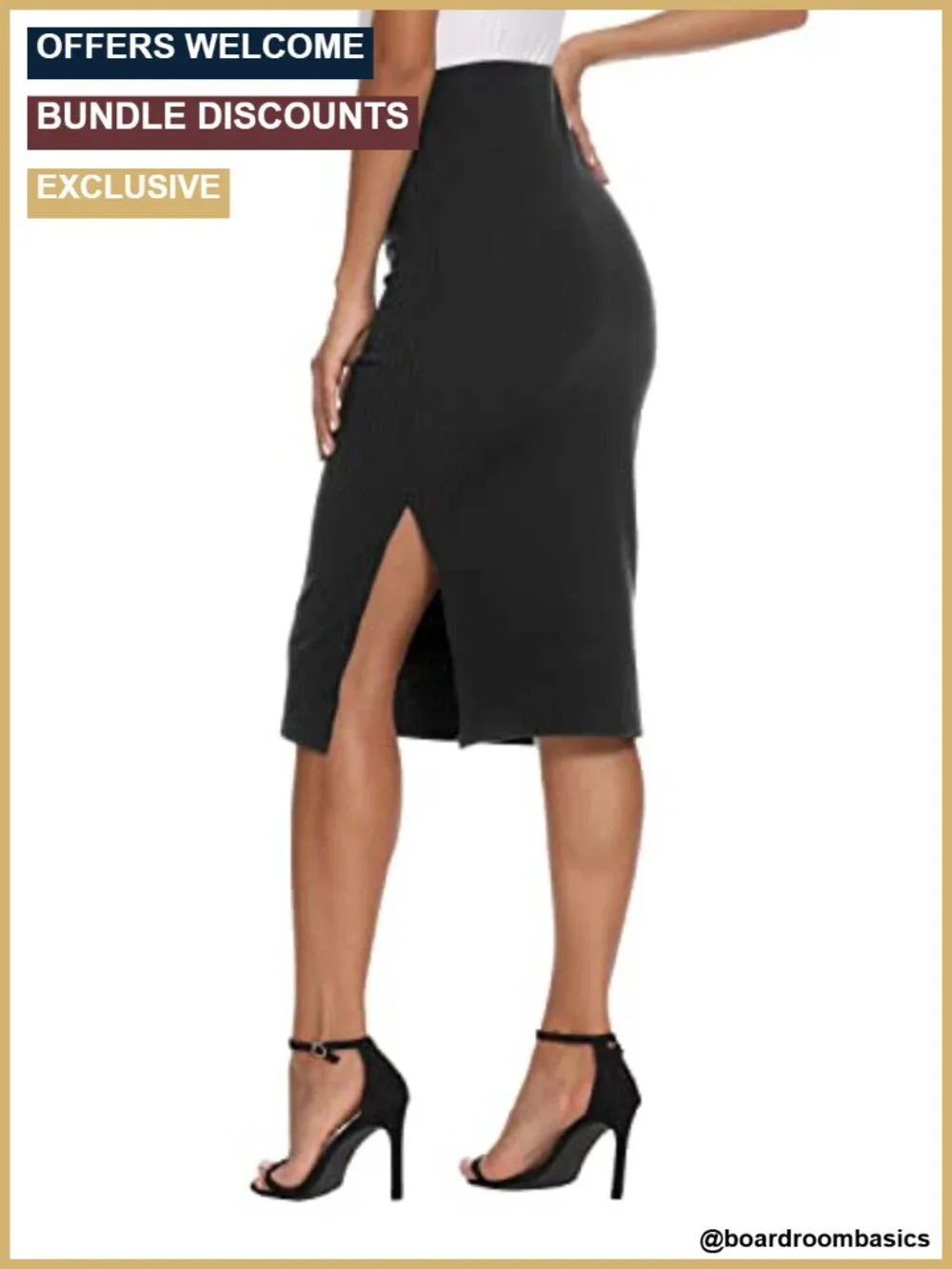 High Waist Stretch Knit Midi Pencil Skirt with Side Slit Office Casual